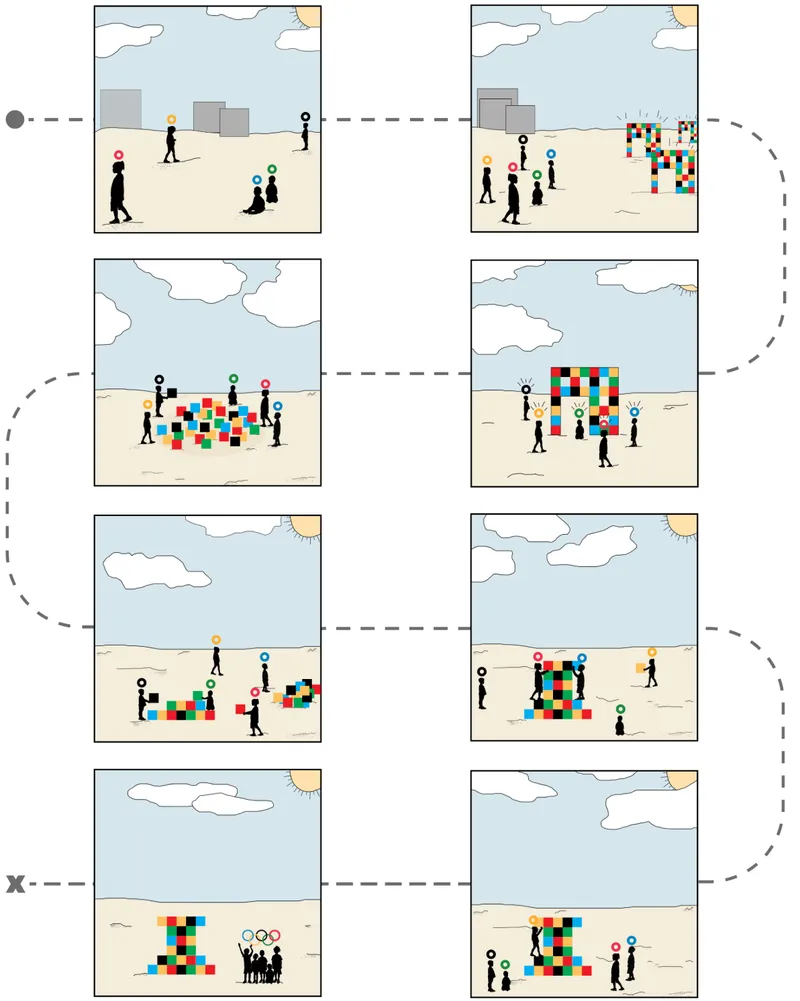 Sequential diagrams show children transforming modular blocks into changing structures through collaborative play.