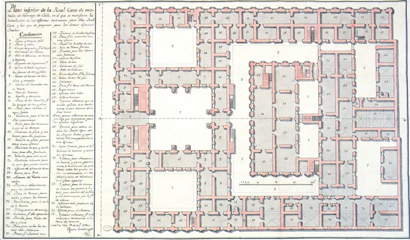 Historic floor plan drawing with handwritten legend depicting a palace with three internal courtyards and perimeter chambers