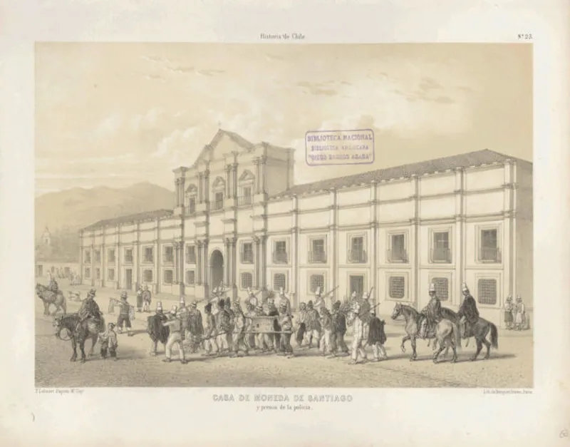 Lithograph of the street facade with mounted cavalry and pedestrians in the foreground beneath mountain backdrop