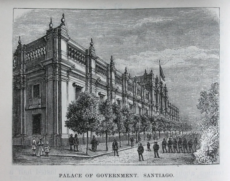Engraving of the ornate palace facade with balustrade balconies, soldiers in formation, and tree-lined street