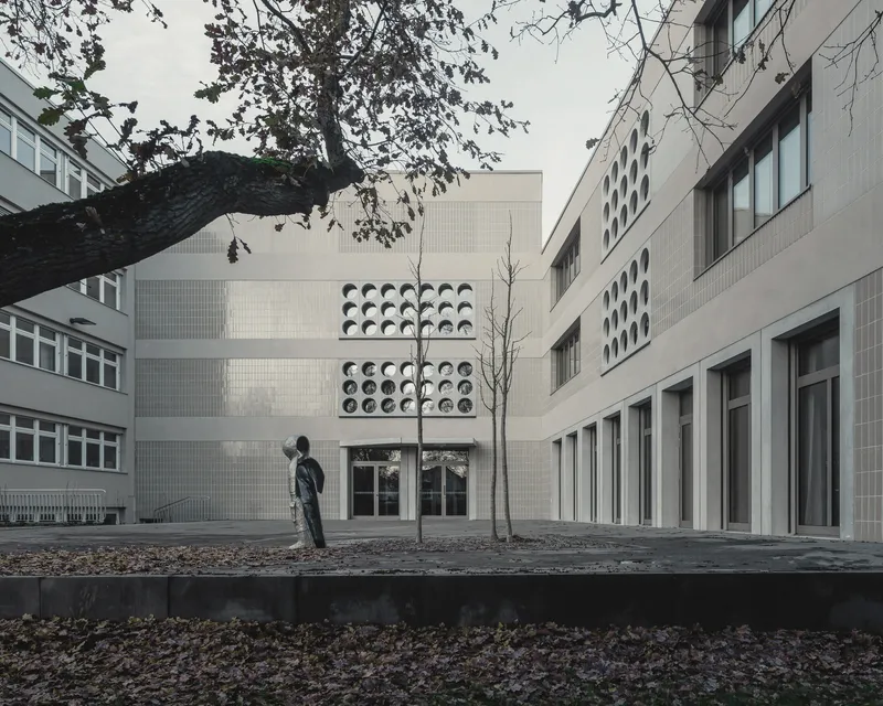 Courtyard view between buildings with a person walking beneath bare tree branches and fallen leaves