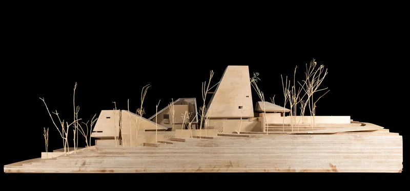 Physical model showing clustered tapered volumes with miniature wire trees on a stepped timber base