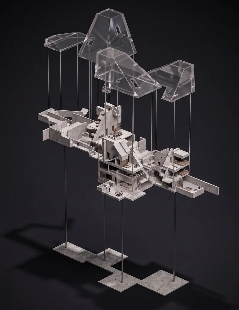 Exploded axonometric model showing three pyramidal roof volumes suspended above interconnected interior floor plates