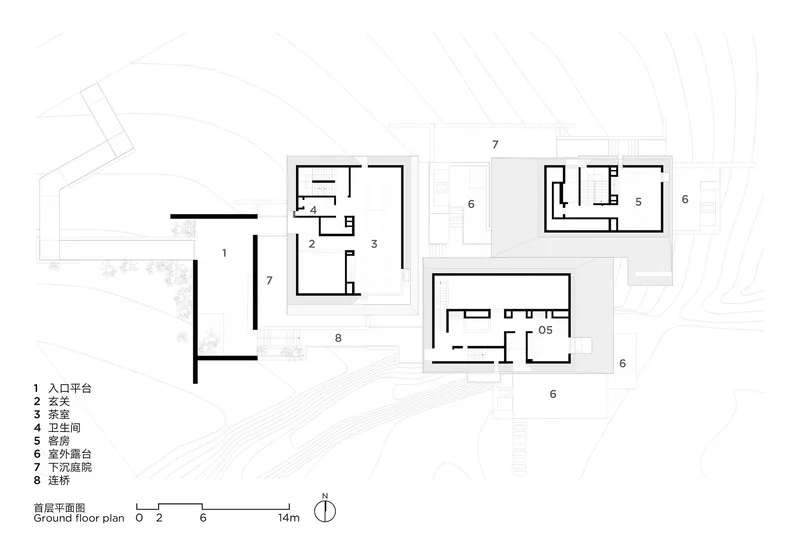 Ground floor plan drawing showing three separate pavilion volumes arranged around courtyards and circulation paths
