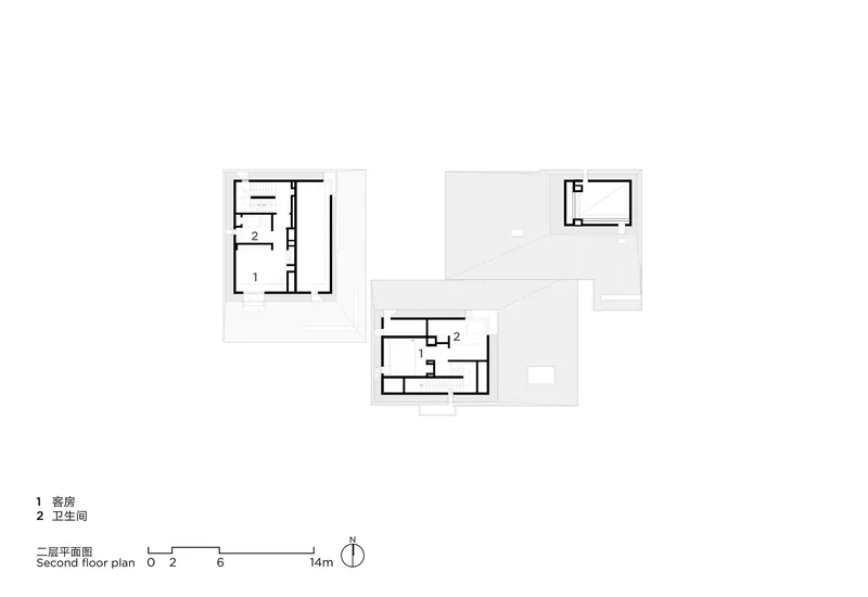 Second floor plan drawing showing bedroom and bathroom spaces within the three roof volumes