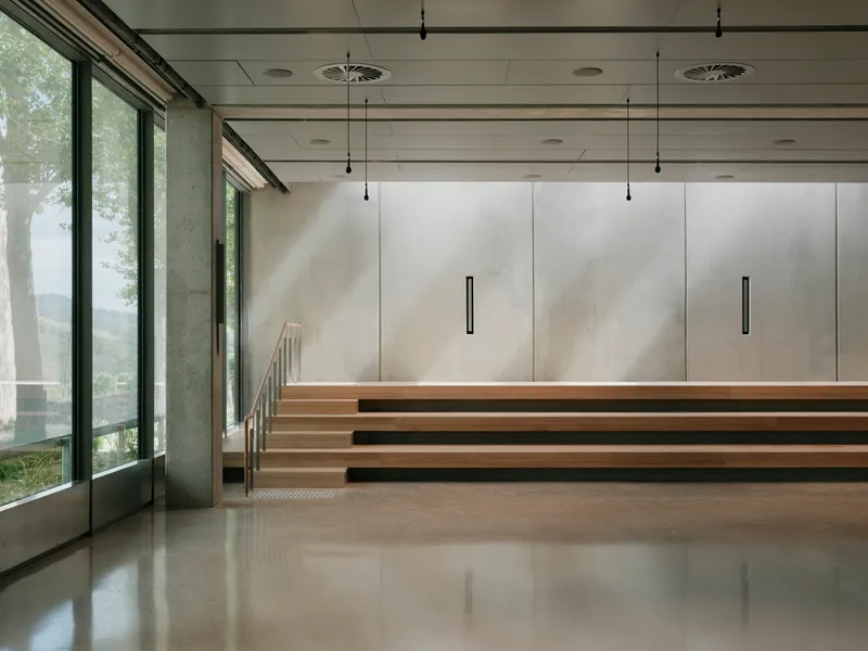 Tiered timber seating platform against a white wall with pendant lighting and full-height glazing overlooking trees