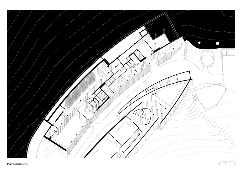 Axonometric plan drawing revealing interior gallery spaces within the crescent-shaped volume