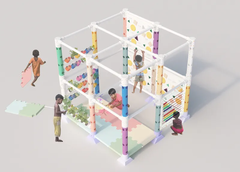 Education module integrates urban farming, creative learning, climbing, and interactive play.