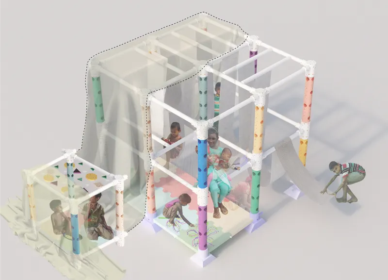 Rest module creates sheltered spaces for hammocks, seated nets, relaxation, and quiet interaction.