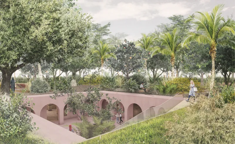 Sunken courtyard architecture blends shaded communal spaces with lush greenery and planted roofs.