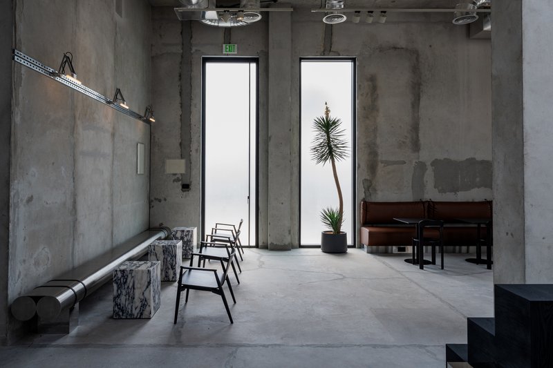 Two tall narrow windows flanking a potted plant in an interior with raw concrete walls and polished floor