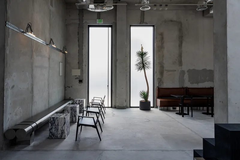 Two tall narrow windows flanking a potted plant in an interior with raw concrete walls and polished floor
