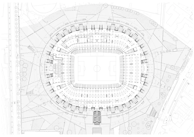 Site plan drawing showing the oval stadium bowl surrounded by landscaping and adjacent road networks