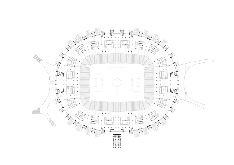 Floor plan of the stadium showing tiered seating rings around a central pitch