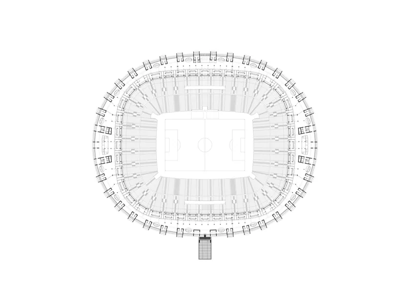 Plan view showing concourse level circulation with seating tiers radiating from the playing field