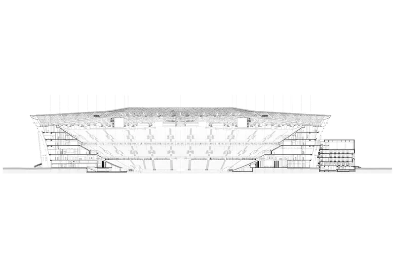 Section drawing through a stadium showing tiered seating, roof structure, and circulation ramps