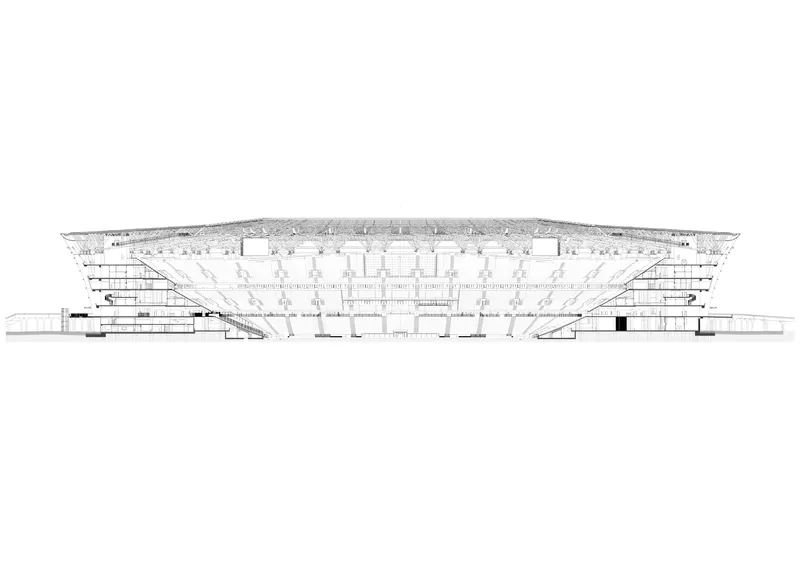 Section drawing revealing the bowl interior with seating tiers and lateral support structures