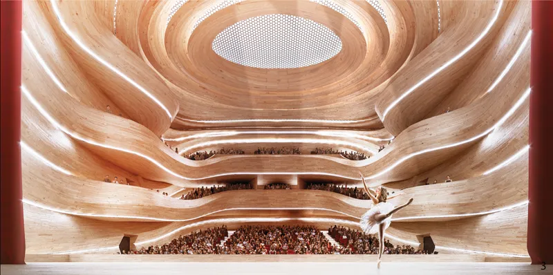 Warm timber interiors shape an immersive auditorium designed around performance and acoustics