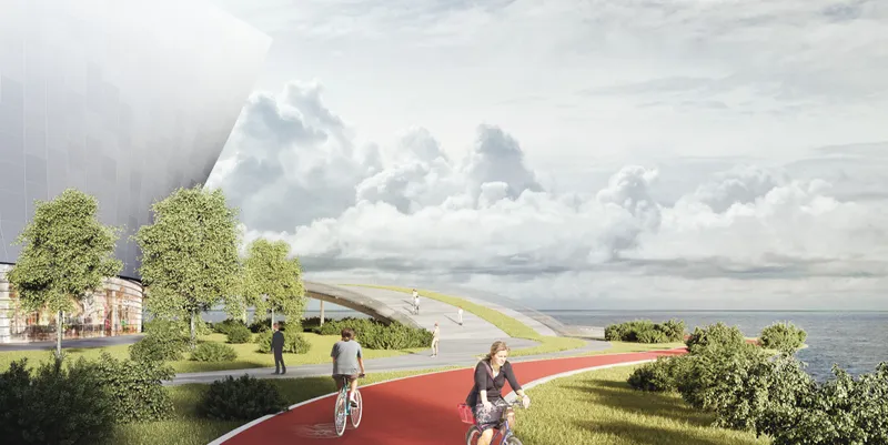 Landscaped cycling and pedestrian paths integrate the opera house with Tallinn’s waterfront.