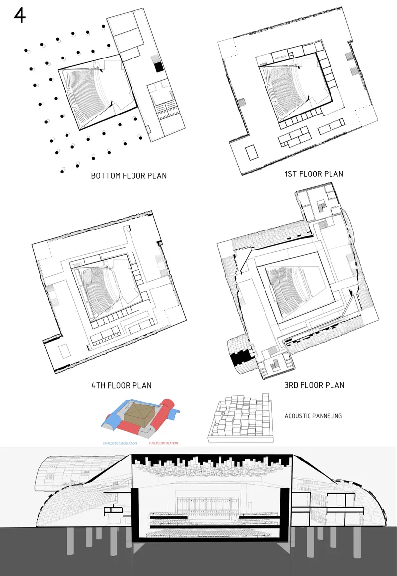 Floor plan drawings showing four levels with central courtyard and section drawing revealing the arched interior hall