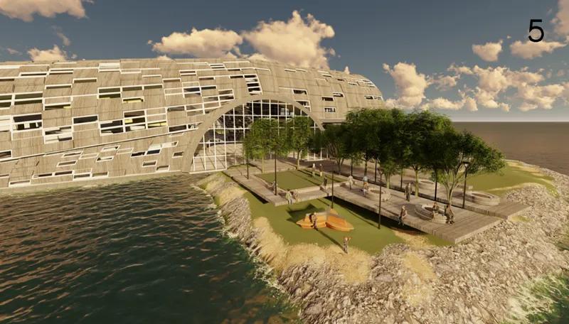 Waterside promenade lined with trees alongside the horizontal striped facade under a partly cloudy sky