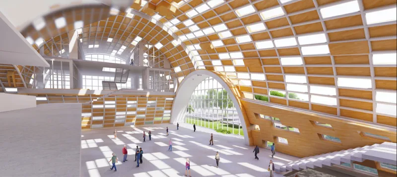 Interior view of the vaulted hall with chequered timber and glazed ceiling grid filtering daylight over gathered figures