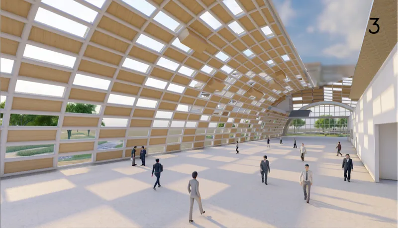 Curved corridor with alternating timber and glass panel ceiling casting dappled shadows on visitors walking below