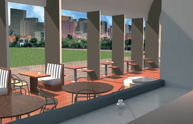 Interior seating framed by tall arches, opening the coffee house toward city views and greenery.