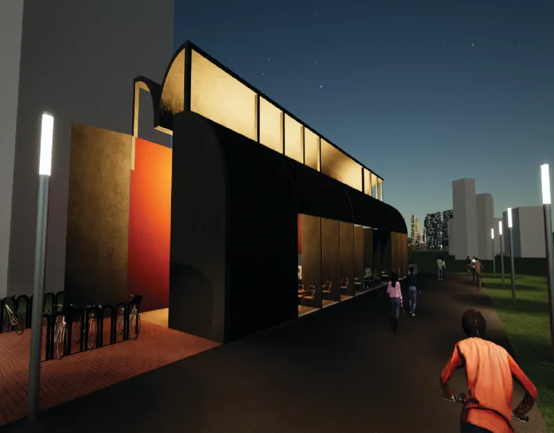 Night view of the coffee house showing its illuminated upper volume and active street-facing facade.