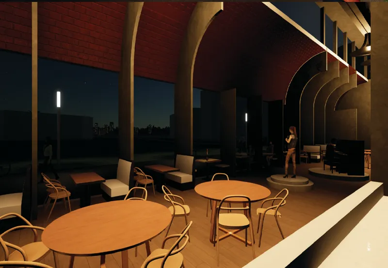 Warm interior scene with vaulted arches, brick textures, and a small stage for public conversation.