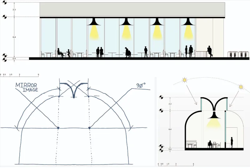 Elevation and section studies showing symmetry, lighting, and the arched spatial structure of the cafe.
