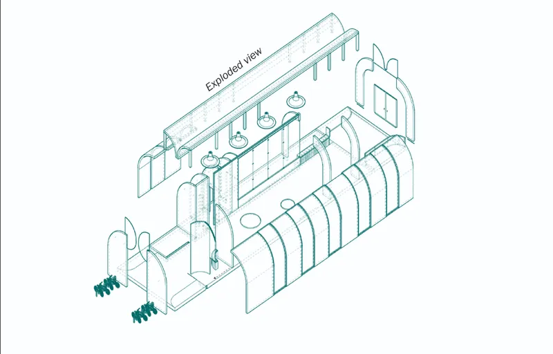 Exploded axonometric view revealing the layered vaults, service zones, seating areas, and facade elements.