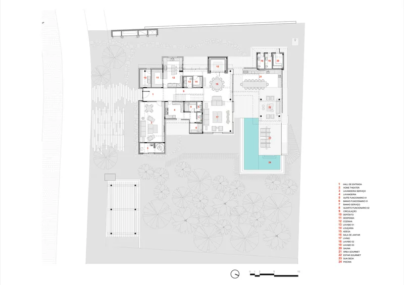 Ground floor plan drawing showing residential wings arranged around a central pool and garden