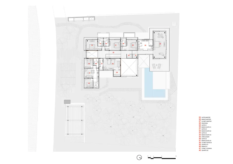 Upper floor plan drawing showing bedroom suites and circulation spaces with pool below