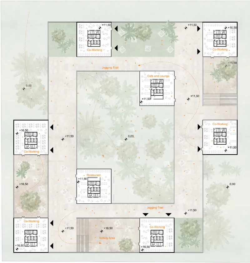 Elevated communal terraces combine co-working hubs, cafés and green spaces, promoting collaboration while strengthening the relationship between architecture and nature.