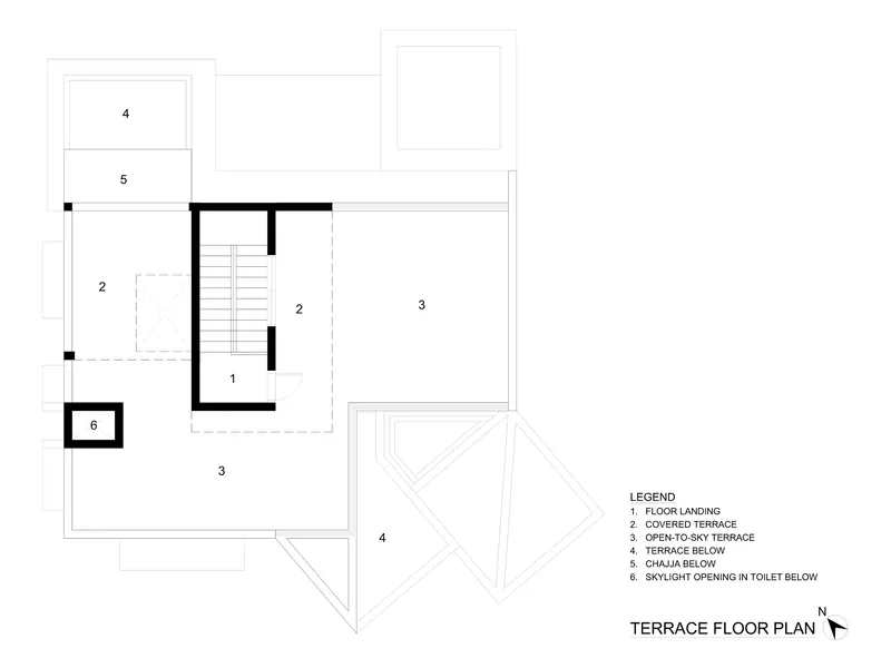 Terrace floor plan drawing depicting covered and open-to-sky terraces with a central staircase volume