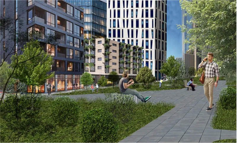 Architectural rendering of mixed-use towers with planted courtyards and pedestrian pathways on a sunny day