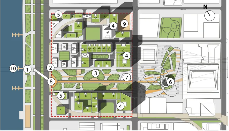 Site plan drawing showing numbered blocks arranged around courtyards with planted zones and circulation paths