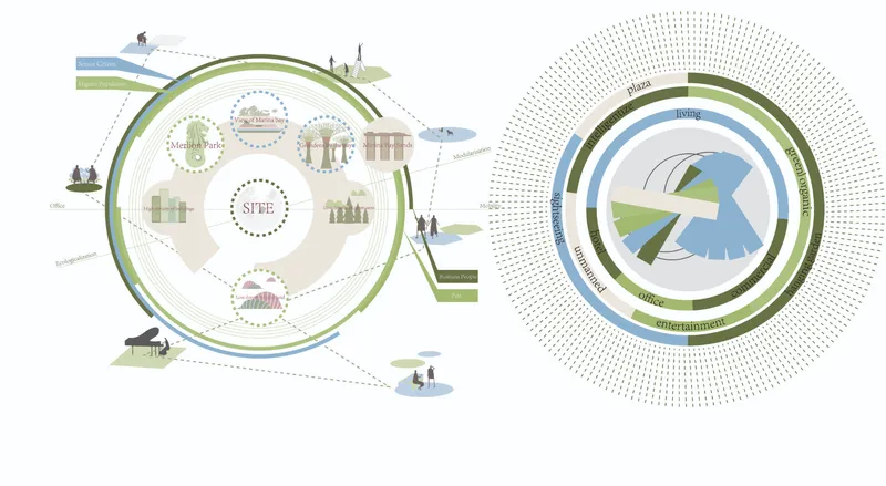 Concept diagrams mapping site influences, user groups, mobility, greenery, and mixed-use programming.