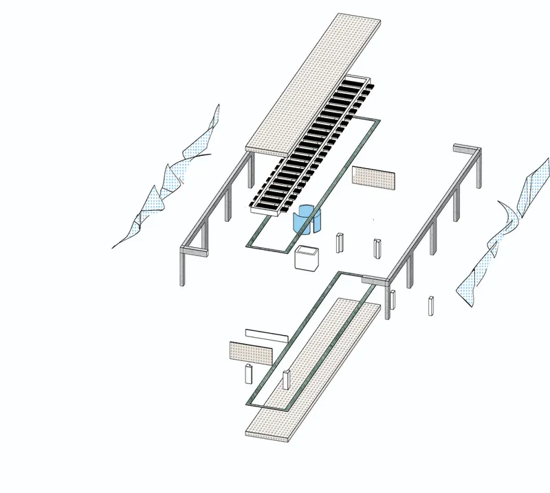 Exploded axonometric illustrating the building’s structural frame, circulation core, and modular assembly system.