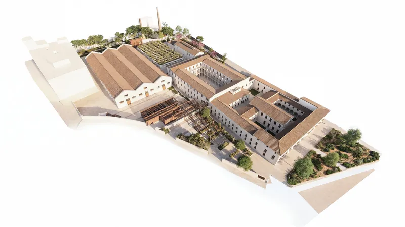 Axonometric model showing the complex of courtyards, arcades and tiled roofs with planted areas
