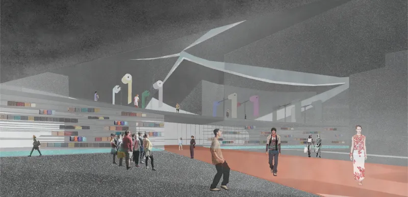 Material library and runway merge inside Milan Crossover’s open fashion hub.