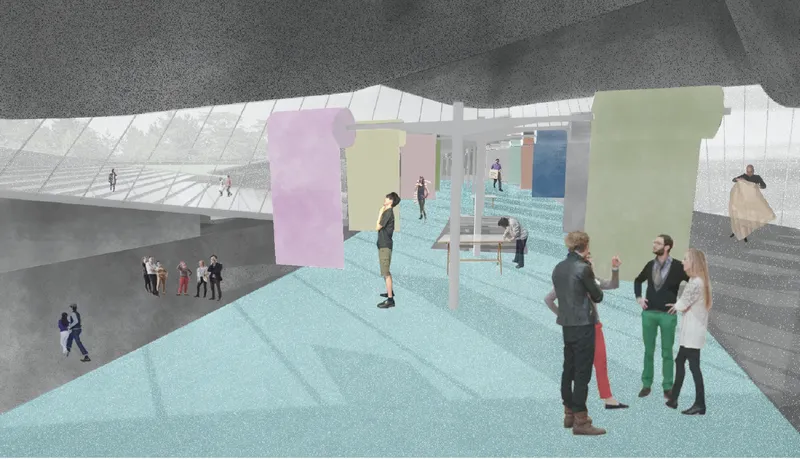 Hanging textiles create an interactive space for learning, repair, and material exchange.