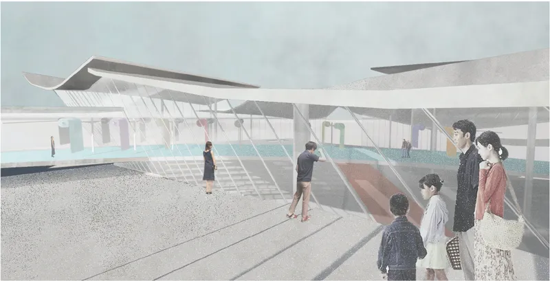 A transparent facade reveals the fashion hub’s public runway and material library.
