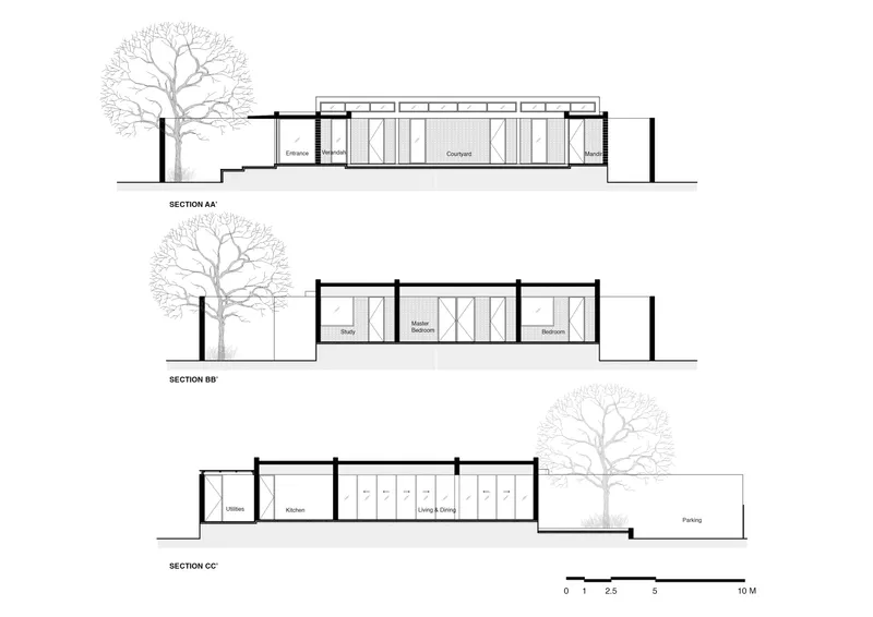 Section drawings showing three elevations with clerestory windows, courtyard, and adjacent trees