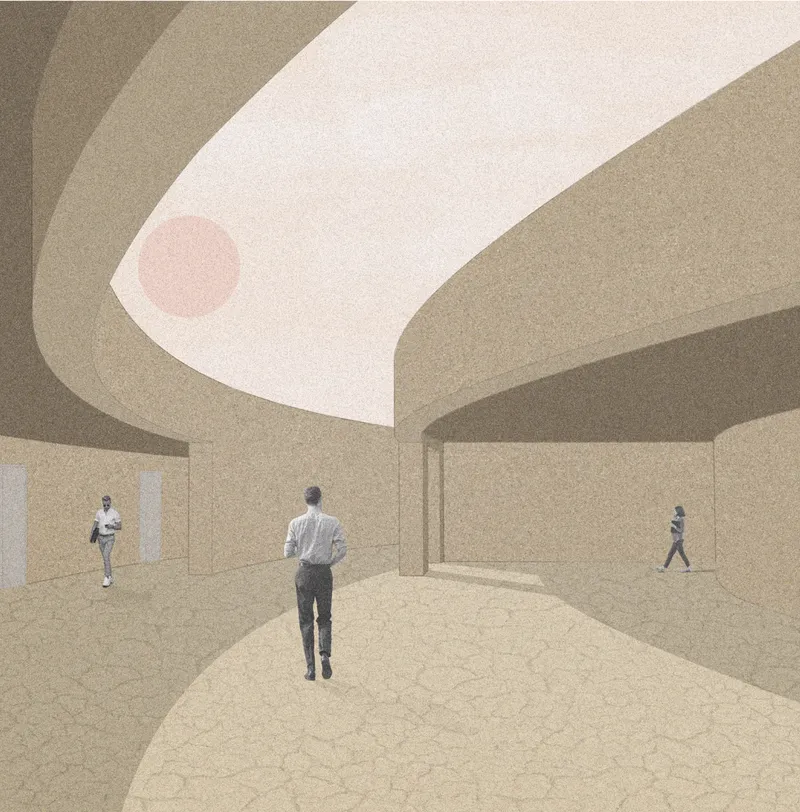 Curved passageway beneath the green terraces, framing soft light and pedestrian movement through the village