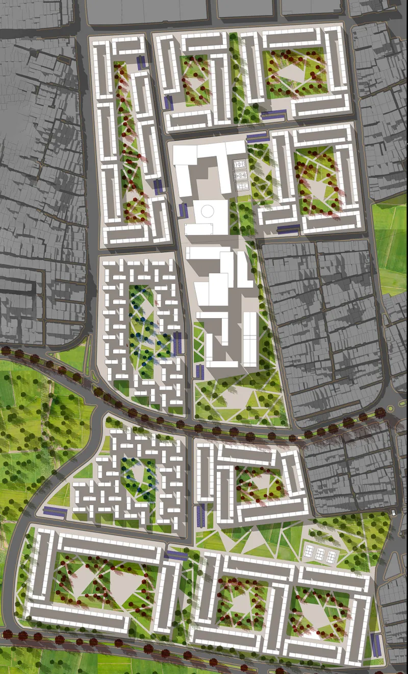 Urban masterplan integrates resilient housing blocks, landscaped courtyards, green corridors, and interconnected public spaces.