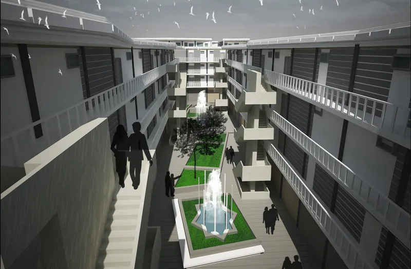 Communal courtyard framed by incremental housing, landscaped gardens, shared walkways, and social gathering spaces.