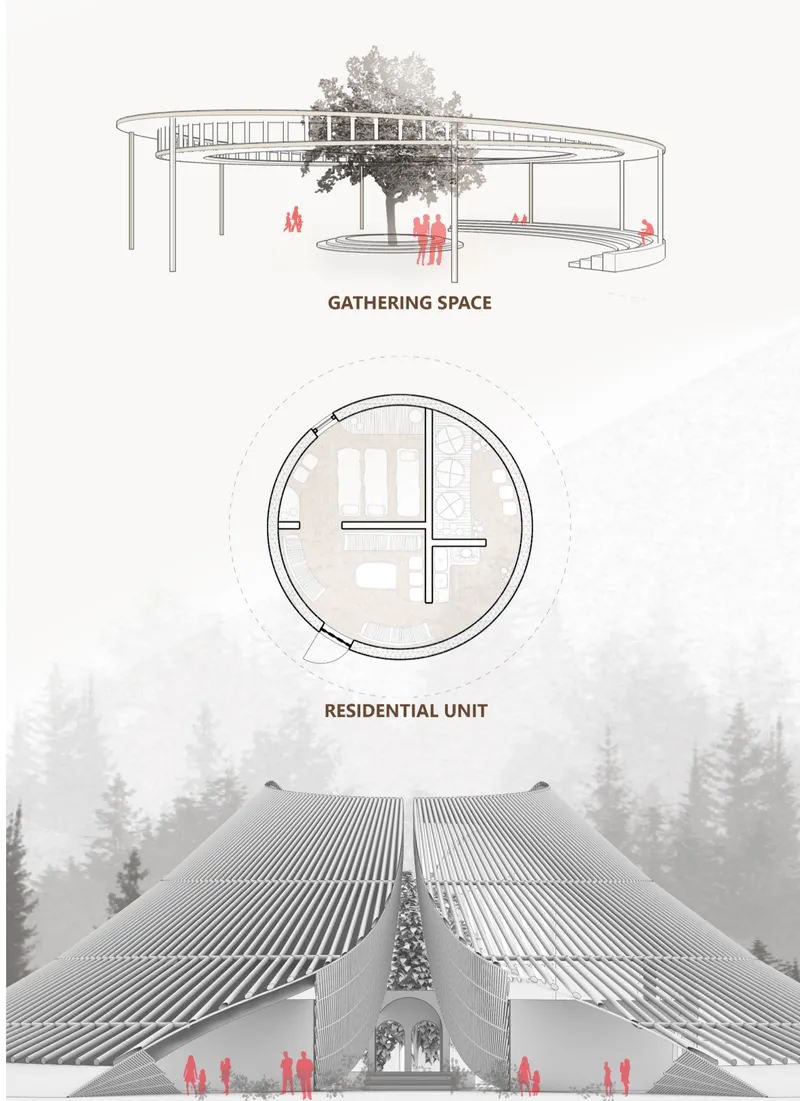 Gathering, residence, and chapel forms extend faith into forest restoration.