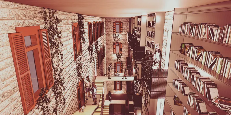 Bookshelves and elevated walkways animate the library’s vertical circulation.